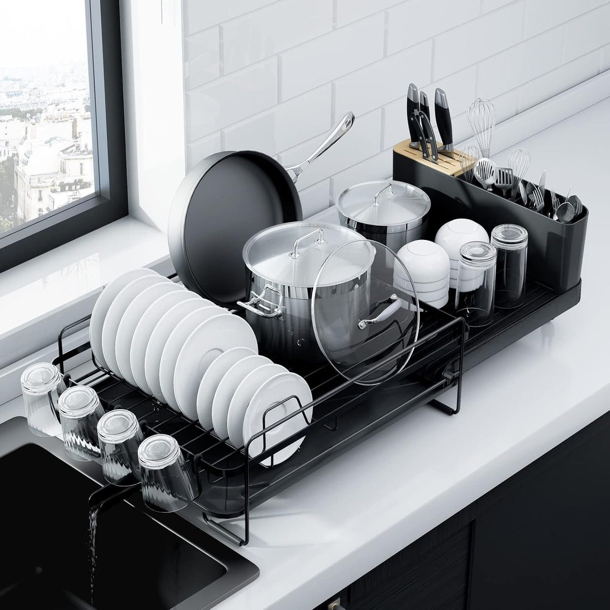 EasyEva Extendable Dish Drying Rack with Cup Holders studio product photo