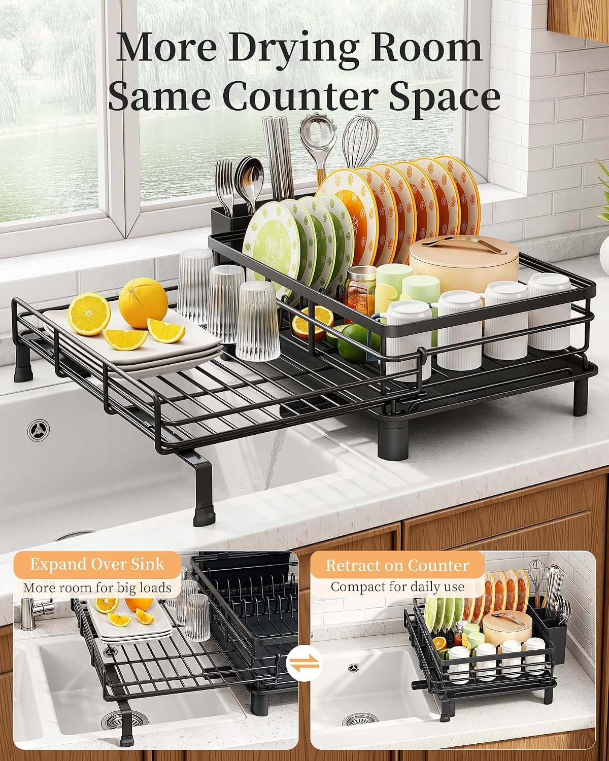 Expandable Over-Sink Metal Dish Rack with Drainboard and Utensil Holder Secondary image