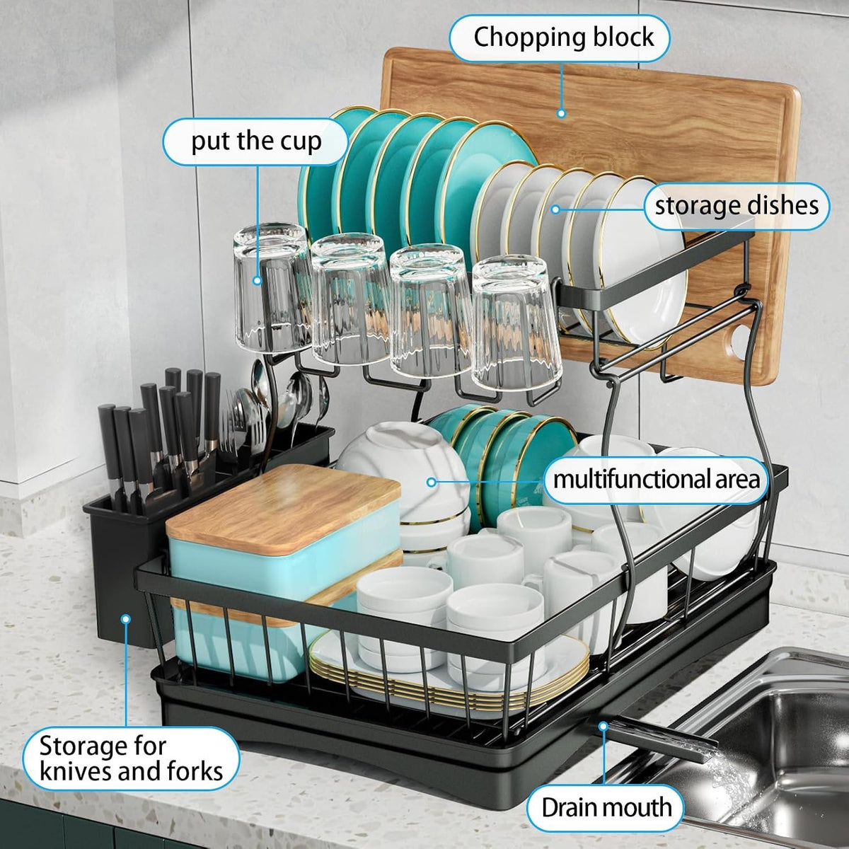 EasyEva Stacked Dish Drying Rack with Cup Holder additional product photo