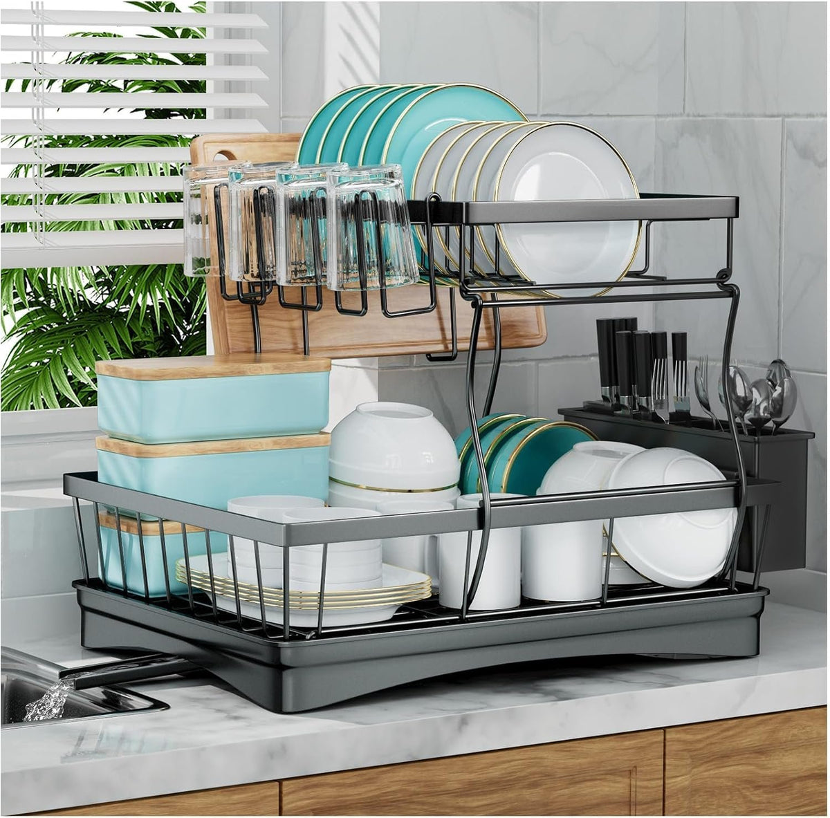 EasyEva Stacked Dish Drying Rack with Cup Holder studio product photo