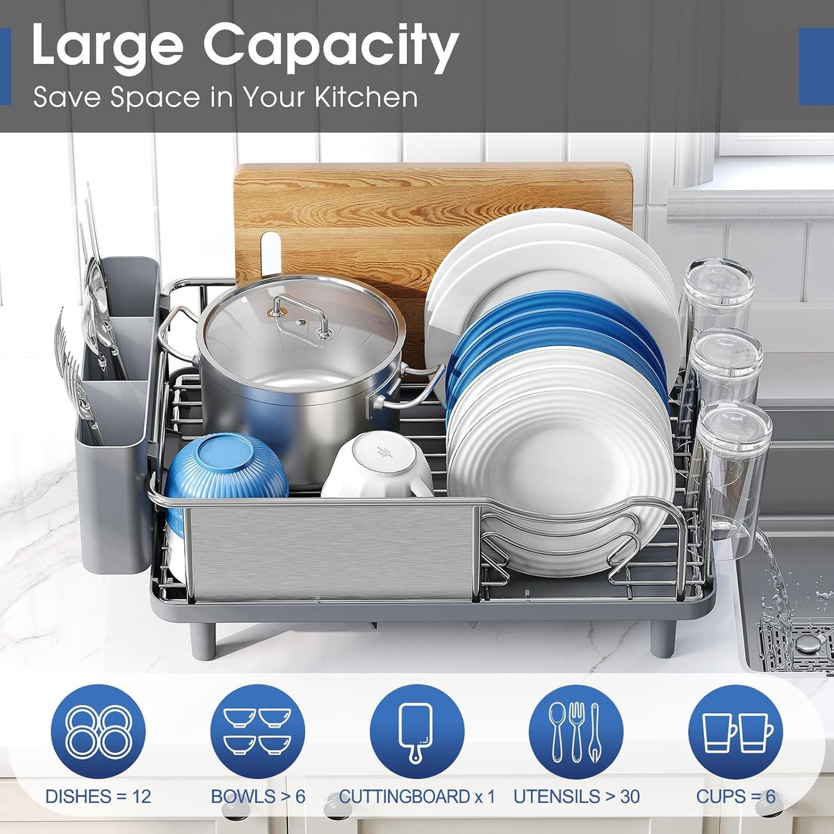 EasyEva Stainless Steel Dish Drying Rack with Cup Shelf additional product photo