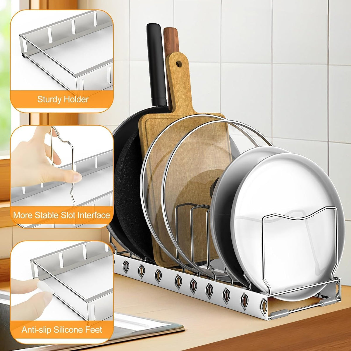 EasyEva Silver Pot Lid Organizer with Removable Dividers additional product photo