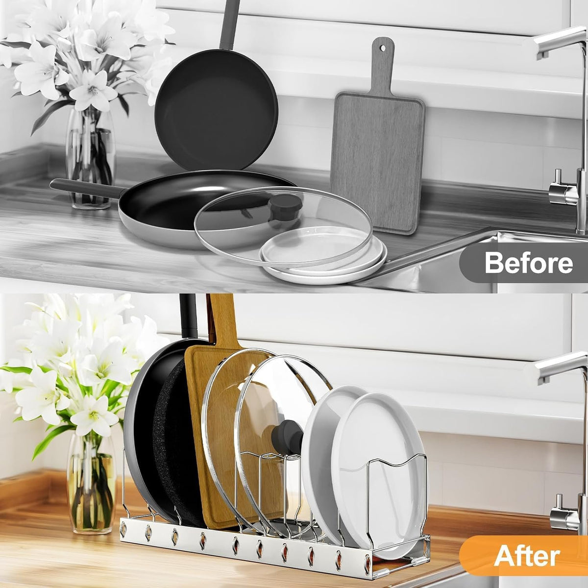 EasyEva Silver Pot Lid Organizer with Removable Dividers additional product photo