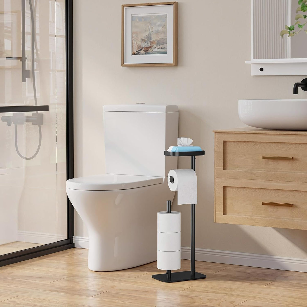 EasyEva Black Freestanding Toilet Paper Holder with Shelf additional product photo