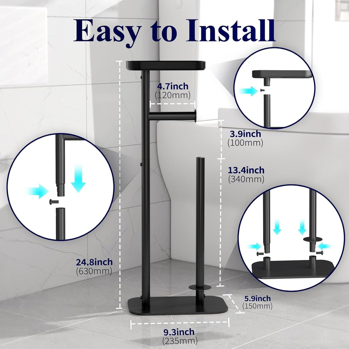 EasyEva Black Freestanding Toilet Paper Holder with Shelf additional product photo