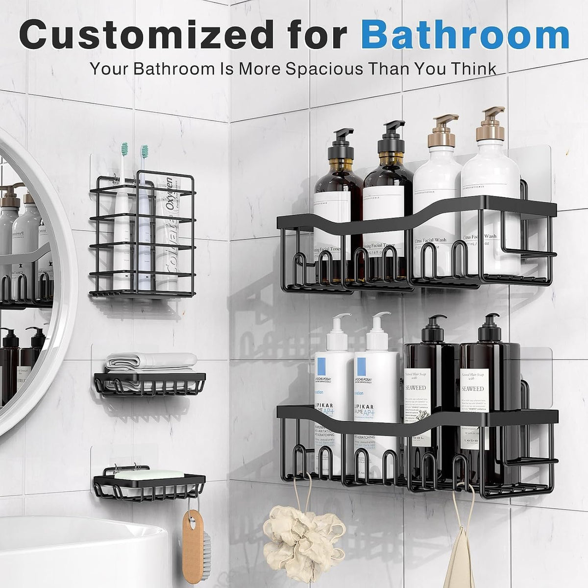 EasyEva Black Adhesive Shower Organizer Set additional product photo