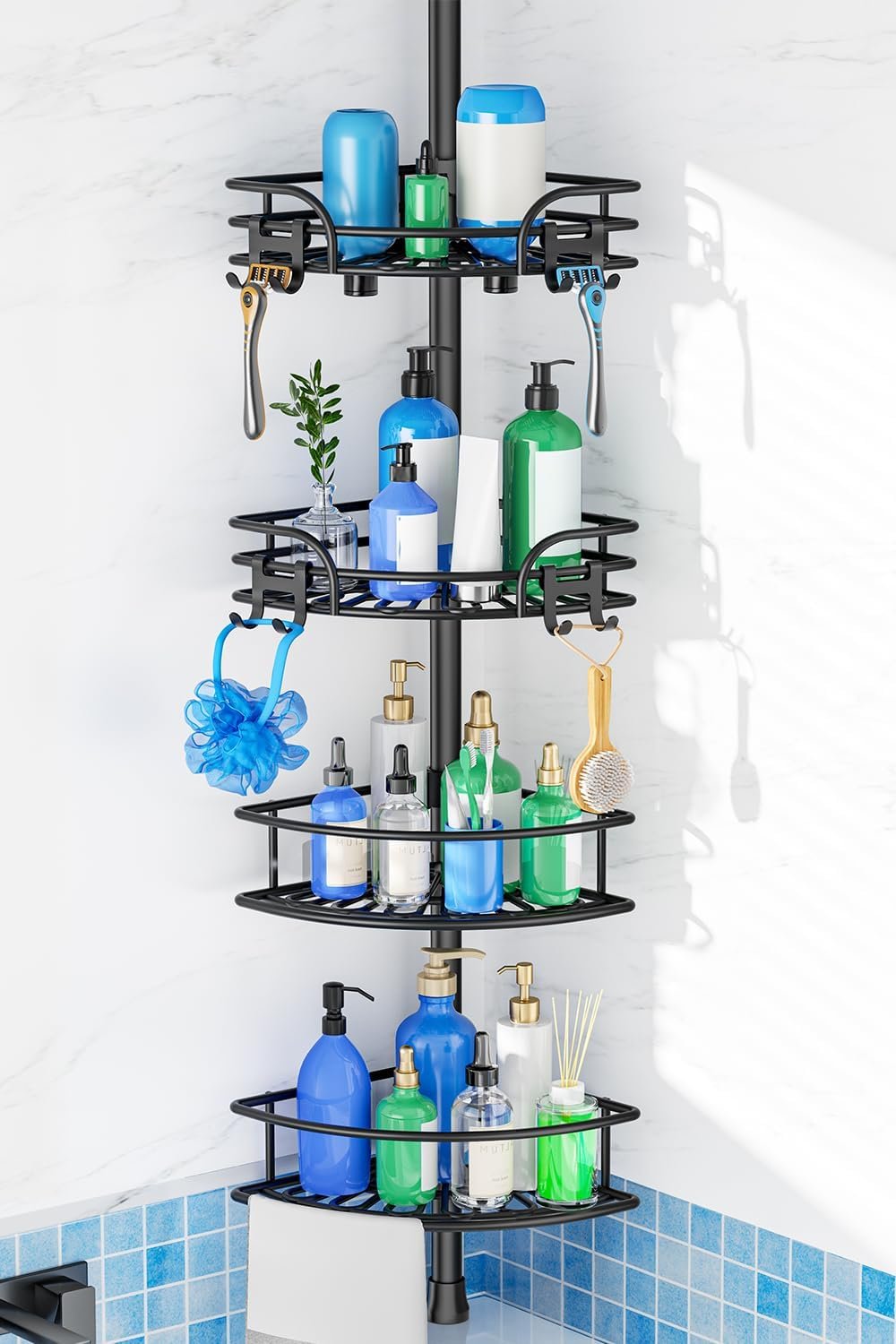 EasyEva Black Tension Pole Corner Shower Caddy studio product photo