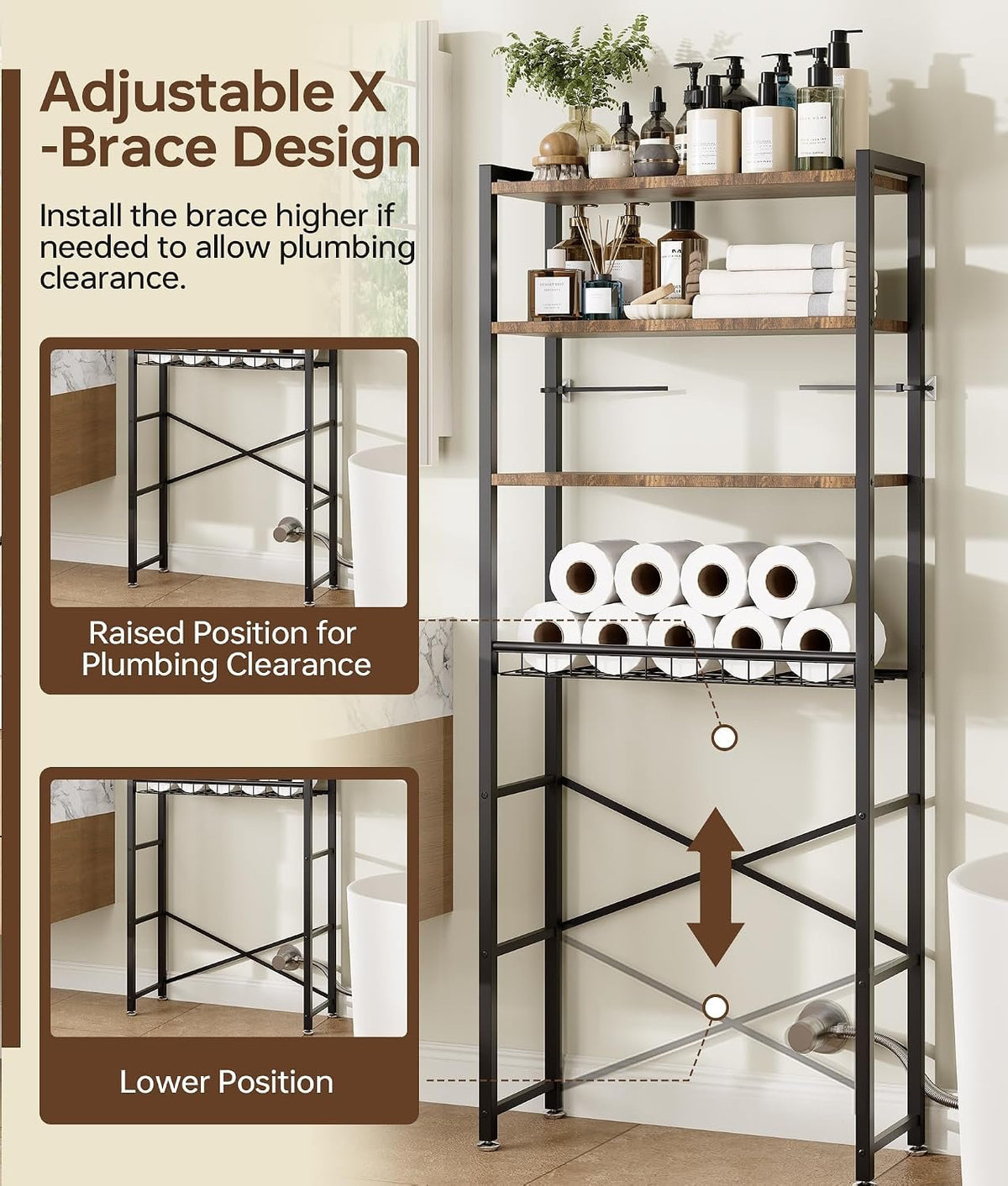EasyEva Brown and Black Over-the-Toilet Storage Shelf additional product photo