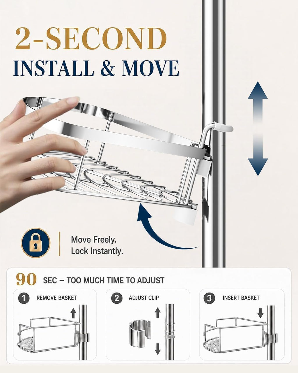 EasyEva Stainless Steel Tension Pole Corner Shower Caddy additional product photo