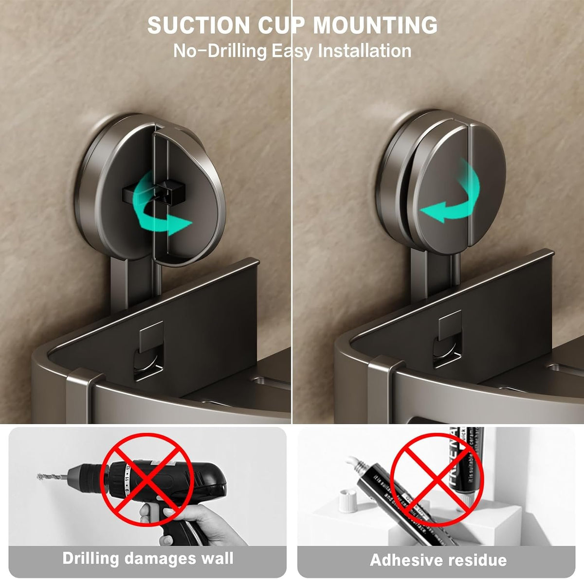EasyEva Gray Aluminum Suction Corner Shower Caddies additional product photo