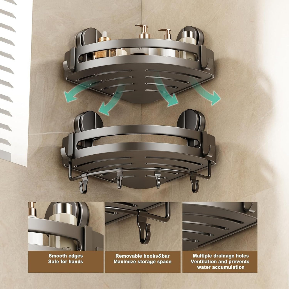 EasyEva Gray Aluminum Suction Corner Shower Caddies additional product photo